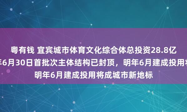粤有钱 宜宾城市体育文化综合体总投资28.8亿还没完工，今年6月30日首批次主体结构已封顶，明年6月建成投用将成城市新地标